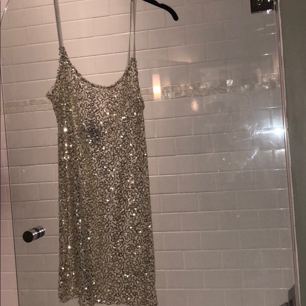 Gold sequin mini cocktail sheer dress